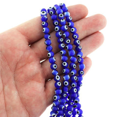Round Glass Beads 6mm - Blue and White Evil Eye - 1 Strand 64 Beads - BD2334
