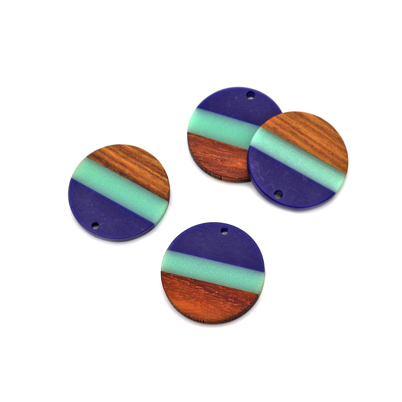 Round Natural Wood and Blue Resin Charms 28mm - WP131