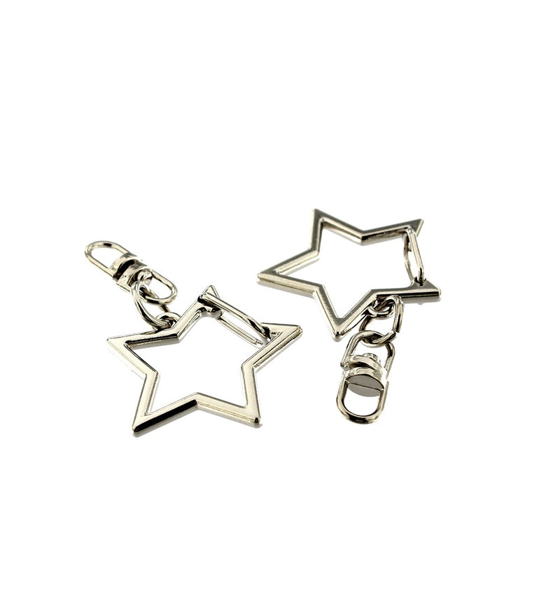Star Shaped Silver Tone Key Rings with Attached Swivel Clasp - 49mm - 4 Pieces - Z1055