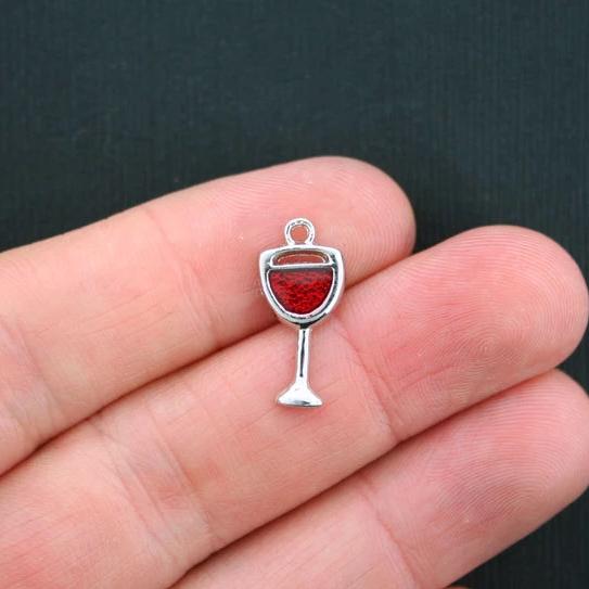 BULK 20 Wine Glass Antique Silver Tone Charms with Glitter Red Enamel - SC3496