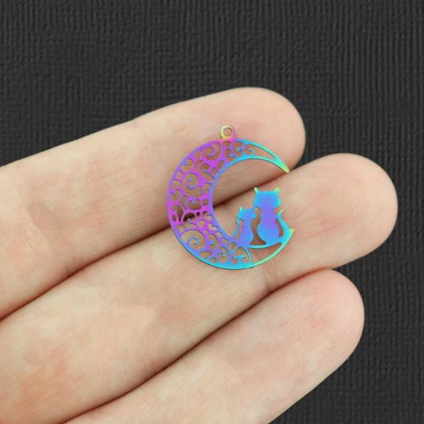 5 Cat Crescent Moon Rainbow Electroplated Stainless Steel Charms 2 Sided - SSP237