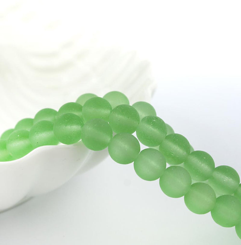 Round Cultured Sea Glass Beads 8mm - Frosted Green - 1 Strand 24 Beads - U125