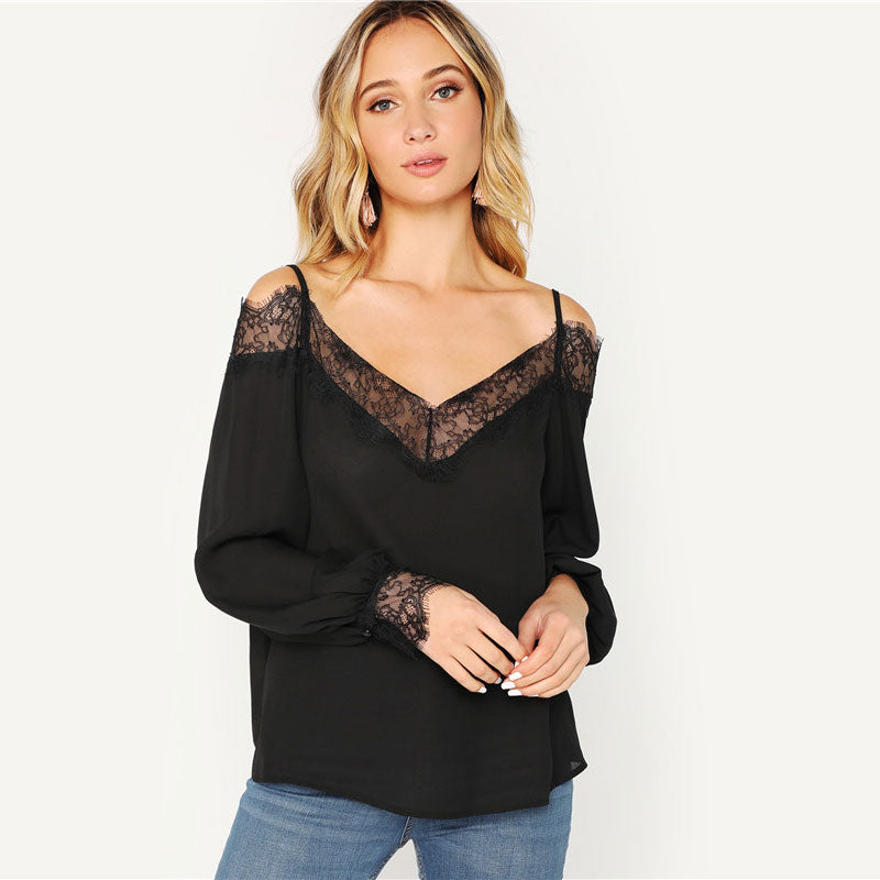 black v neck cold shoulder top