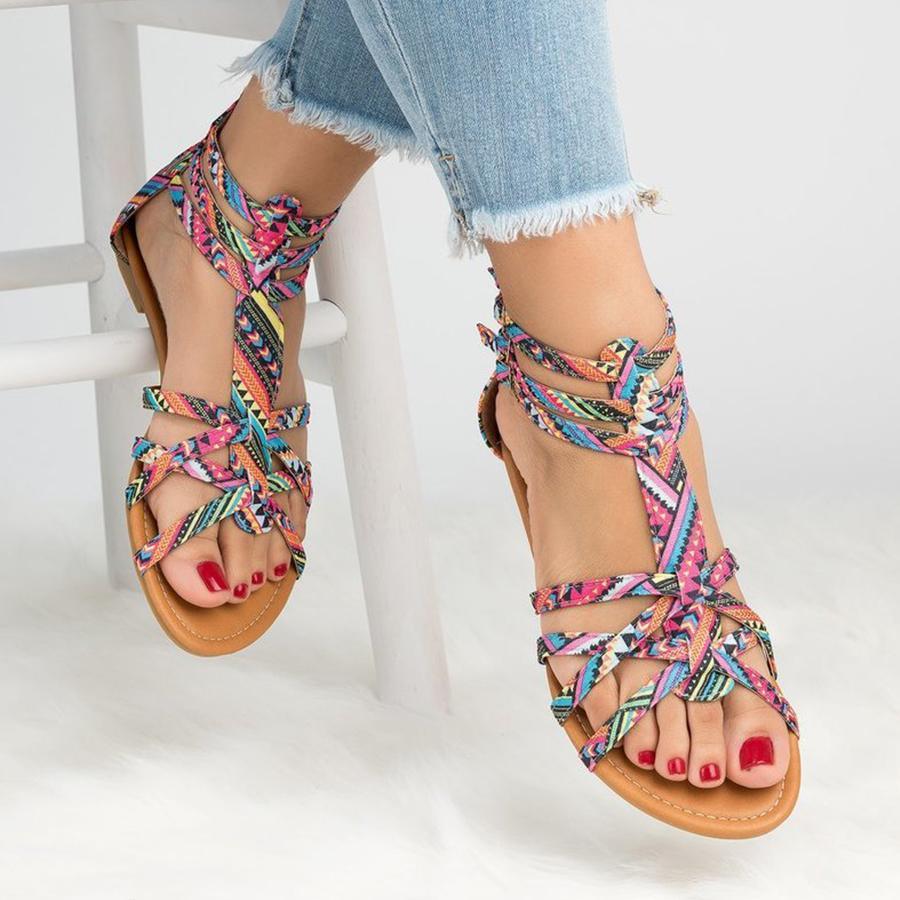 Women Floral Flat Ankle Strap Peep Toe 