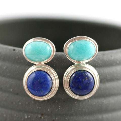 Aqua Blue Chalcedony and Lapis Lazuli silver Earrings