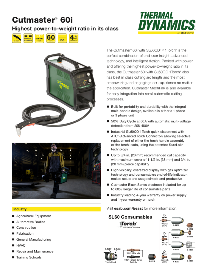 Thermal Dynamics Cutmaster 60I X Plasma Cutter Spec Sheet