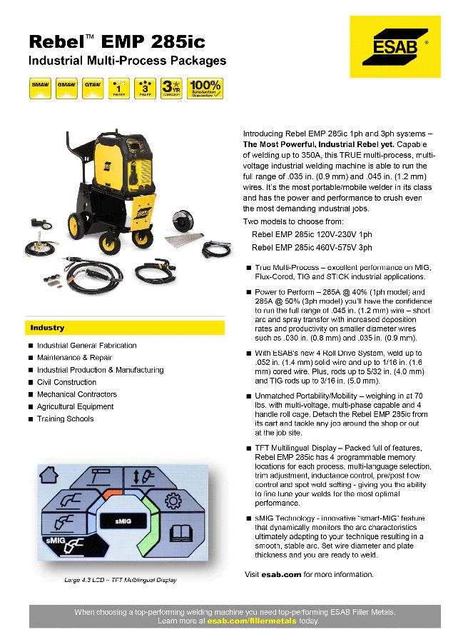 ESAB Rebel EMP 285ic Spec Sheet