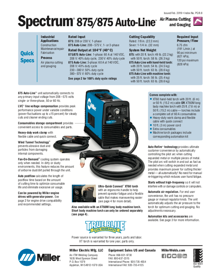 Miller Spectrum 875 Plasma Cutter Spec Sheet