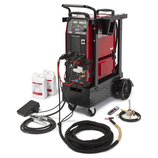 Aspect 375 Ready-Pak includes a Cool Arc 47, Low Conductivity Coolant, regulator, wired foot amptrol, cart and TIG Torch Parts Kit.