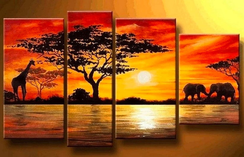 African Painting, Sunrise Painting, Hand Painted Artwork, Elephant Painting, Giraffe Painting