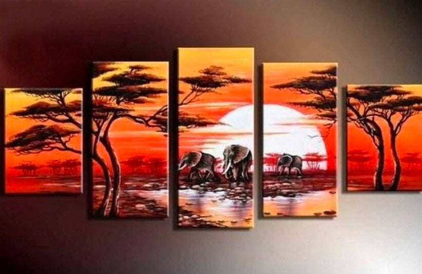 Acrylic Sunrise Painting, Elephant Painting, Sunrise Painting, African Painting, Landscape Sunrise Paintings, Canvas Sunrise Painting