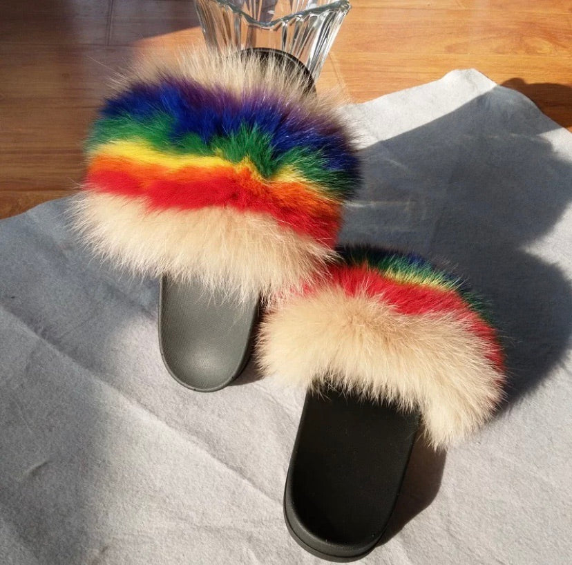 rainbow fur slides with strap