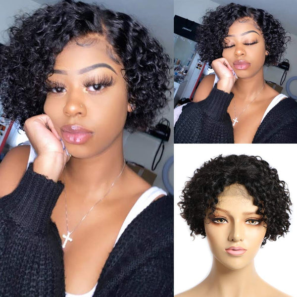 T Part Pixie Cut Curly Bob Wig Virgin Human Hair