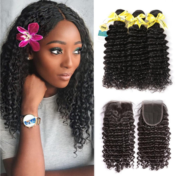 7A 3 Bundles Hair Weave Brazilian Hair With Lace Closure Deep Wave