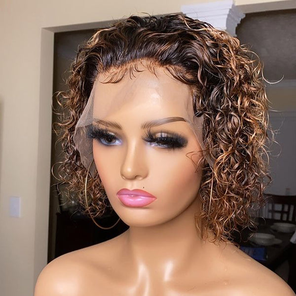 T Part Balayage Pixie Cut Curly Bob Wig Virgin Human Hair