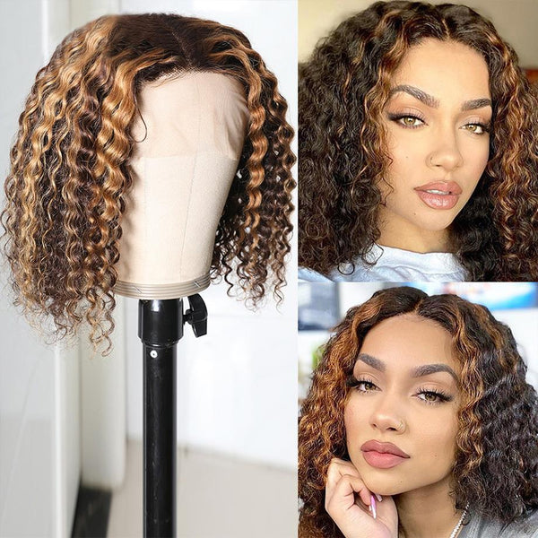 T Part #4/27 Deep Curly Short Bob Wig Highlight Glueless Human Vigin Hair