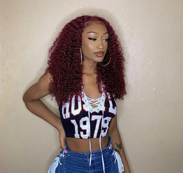 T-Part 99J Burgundy Lace Frontal Wig Glueless Human Hair Deep Wave