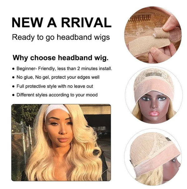 613 Blonde Headband Wig Body Wave Virgin Human Hair(Get Free Headband)