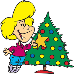 a girl next to a Christmas tree