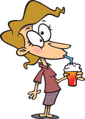 Look, Beth is very thirsty! She drinks a big soda right now.