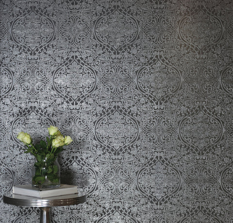 Foil Ogee Damask Silver Wallpaper