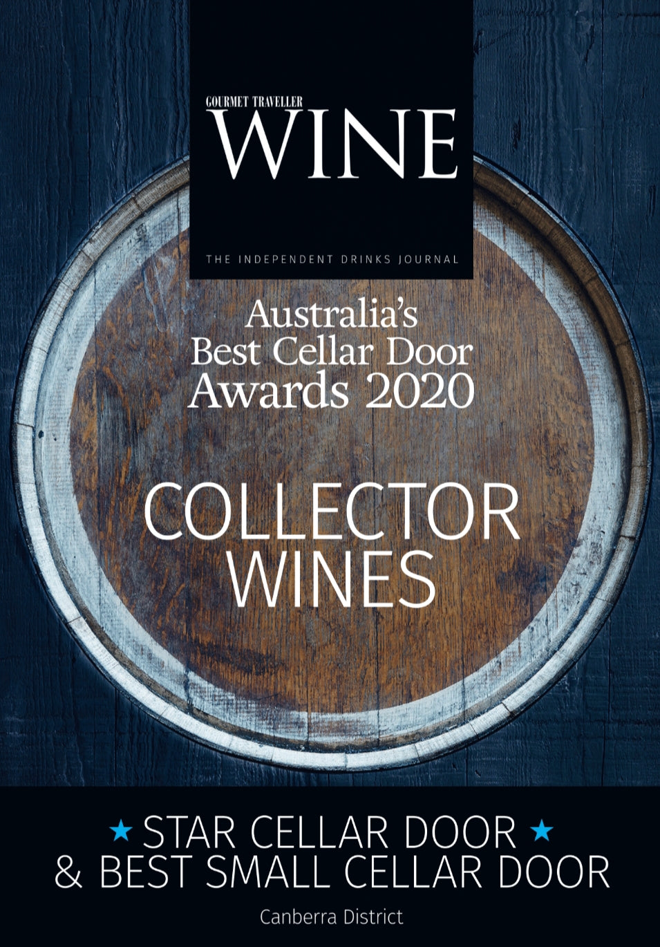 Award reads: Australia's Best Cellar Door Awards 2020 - Collector Wines - Star Cellar Door and Best Small Cellar Door