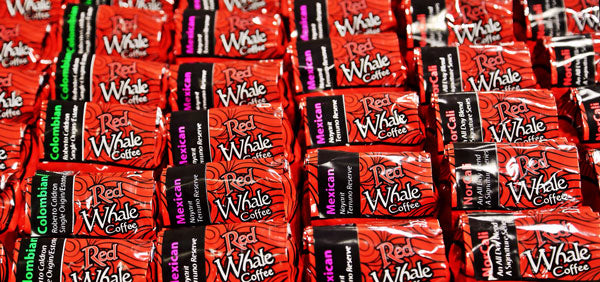 Red Whale Coffee Bags on shelf
