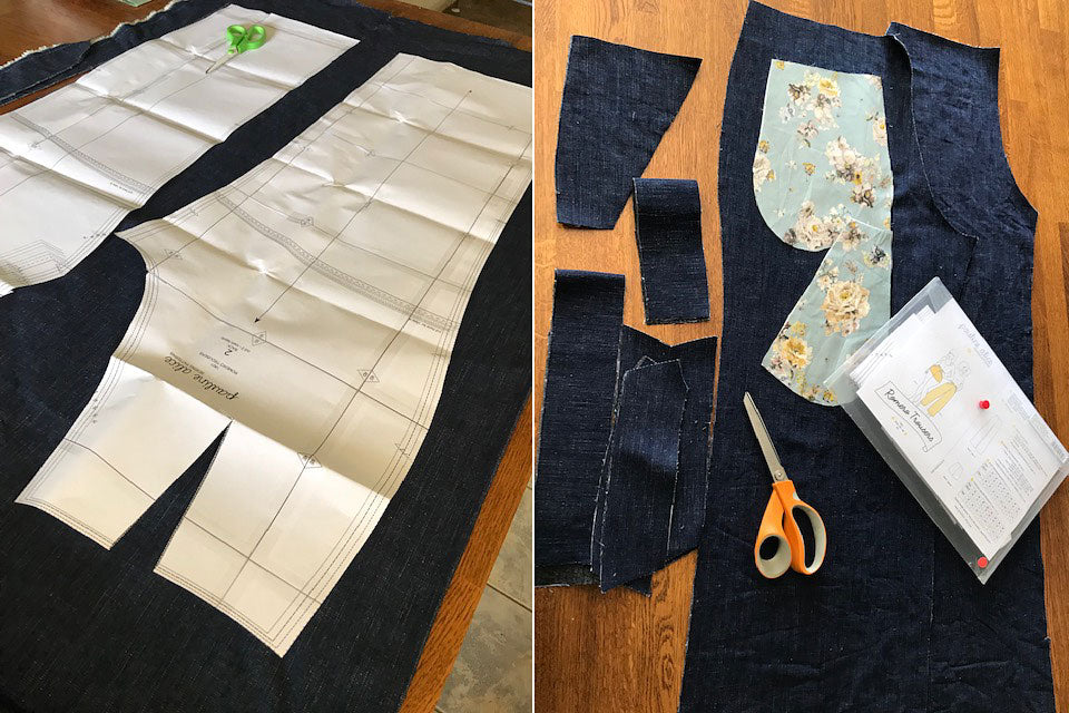 Romero Trousers pattern pieces laid on denim fabric and cut out