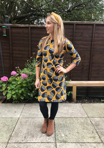 Romy Dress in Mustard Birds Cotton Jersey