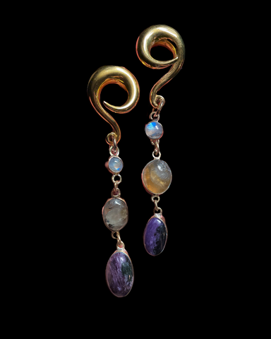 Moonstone, Prehnite & Charoite Dangles