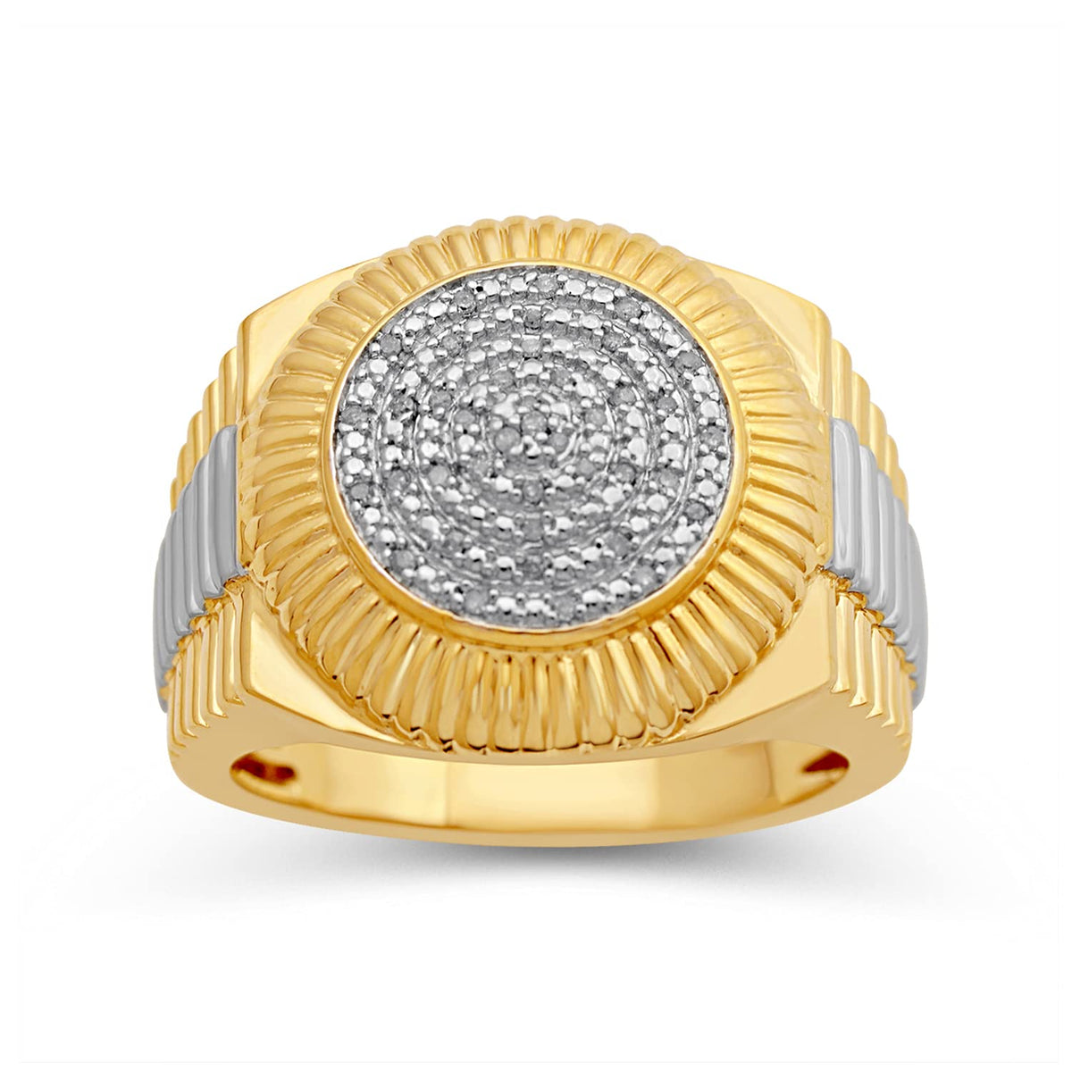 Jewelili Yellow Gold Over Sterling Silver With 1/10 CTTW Natural White  Round Diamonds Men's Ring