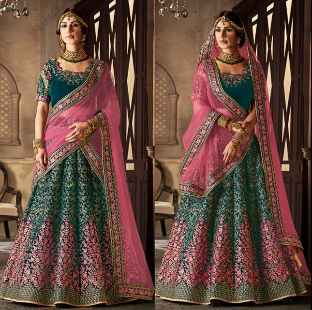 green lehenga with pink choli