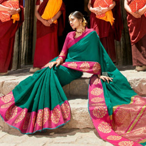 Attractive LS54468 Dressy Green Pink Weaving Cotton Silk Saree - Fashion Nation