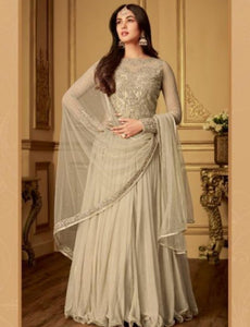 Indo Western MAI6406 Delicate Grey Net Satin Silk Floor Length Gown - Fashion Nation