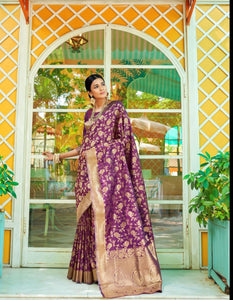 Aesthetic RK77905 Weaving Purple Handloom Silk Jacquard Saree - Fashion Nation