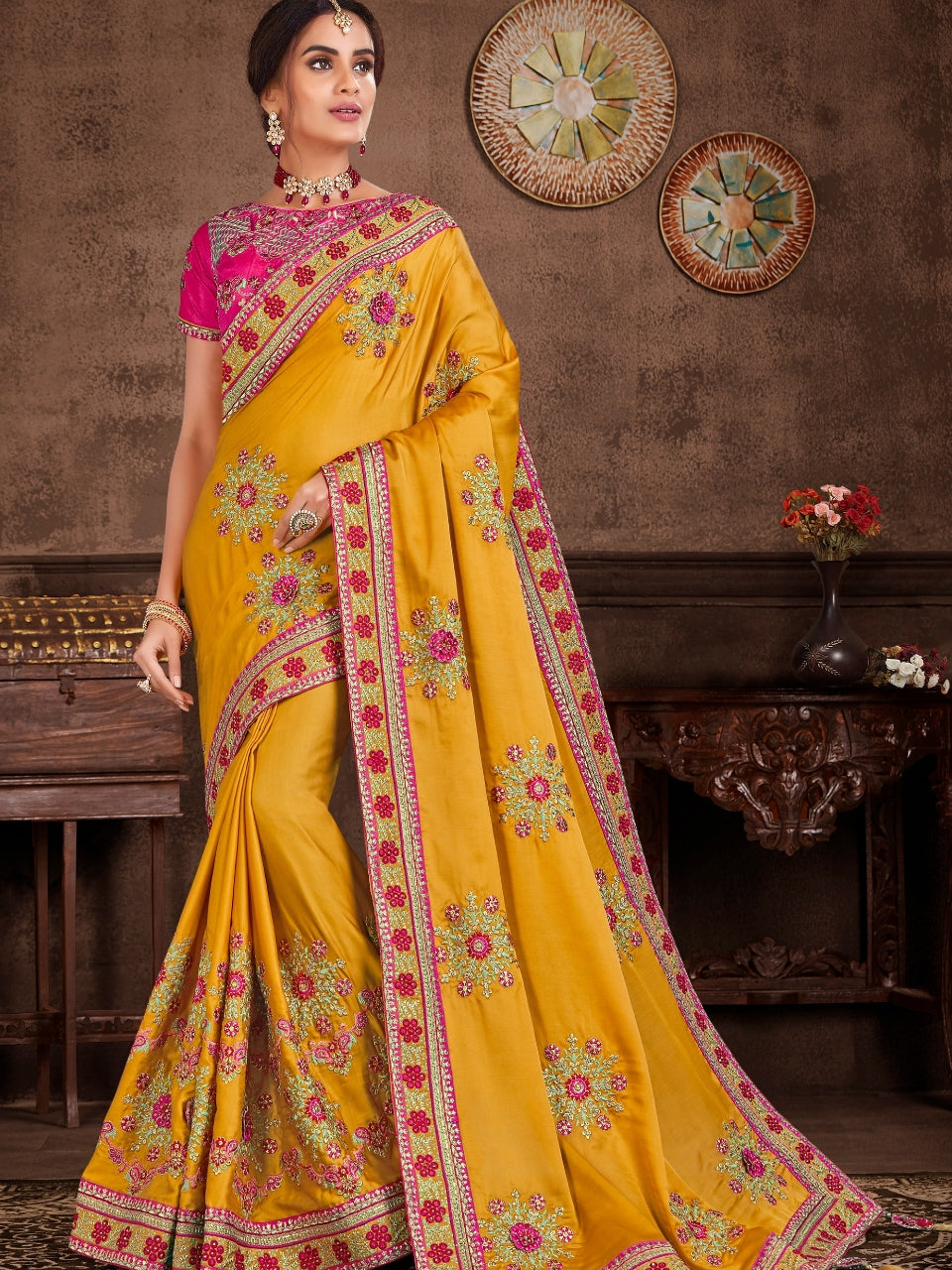 Haldi Function Wear Yellow Silk Saree with Pink Blouse | Online Sales