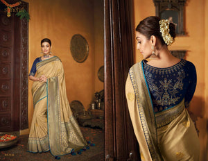 Latest Kajal Aggarwal KIM1116 Bridal Beige Blue Silk Saree - Fashion Nation