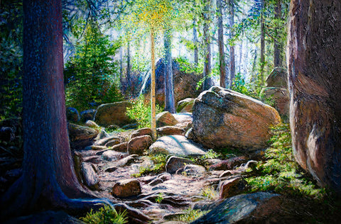 textured oil painting rocks and tree forest fine artist Thane Gorek