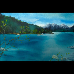 Spring Green watercolor mountain lake landscape painting artist Kay Stratman