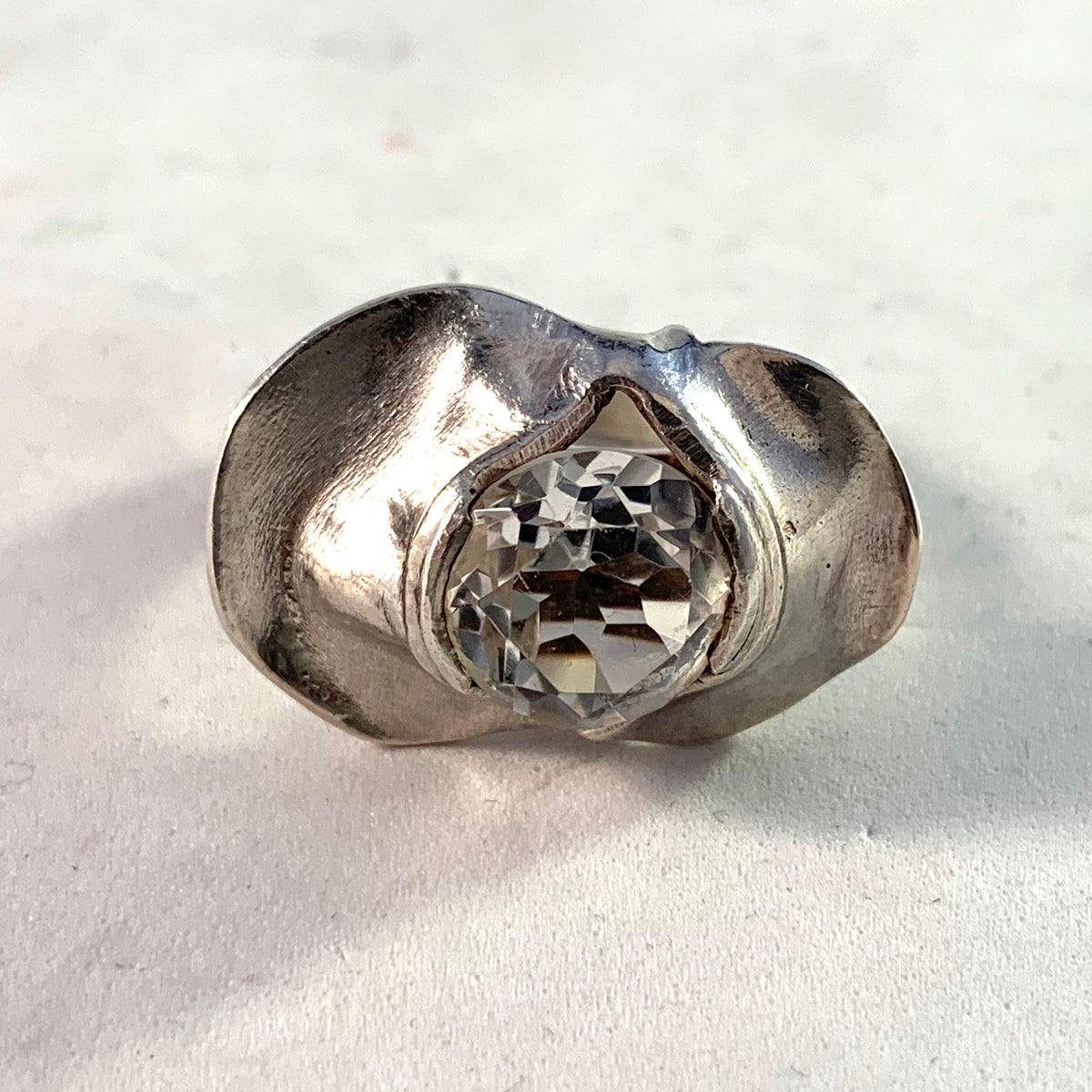 Magnus G:son Liedholm, Sweden 1970s Modernist Sterling Silver Rock Crystal  Ring. Signed