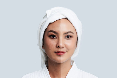 Femme chinoise avant et après maquillage avec un teint plus uni