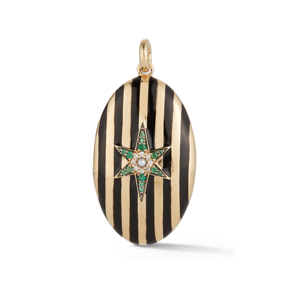 14K Gold and Black Enamel Stripe Oval Locket