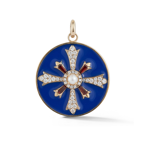 14K Gold and Enamel Plus Motif Medallion