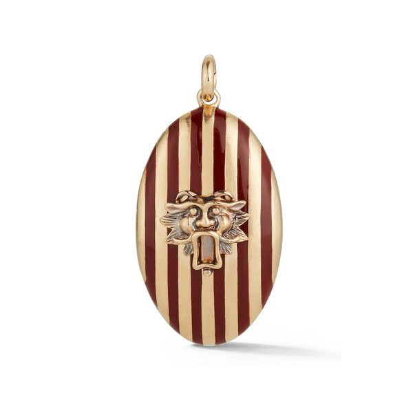 14K Gold and Red Enamel Guardian Lion Stripe Oval Locket