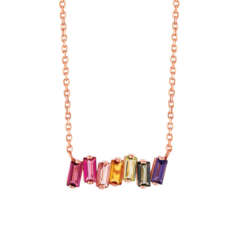 14K RAINBOW TOPAZ BAGUETTE BAR NECKLACE