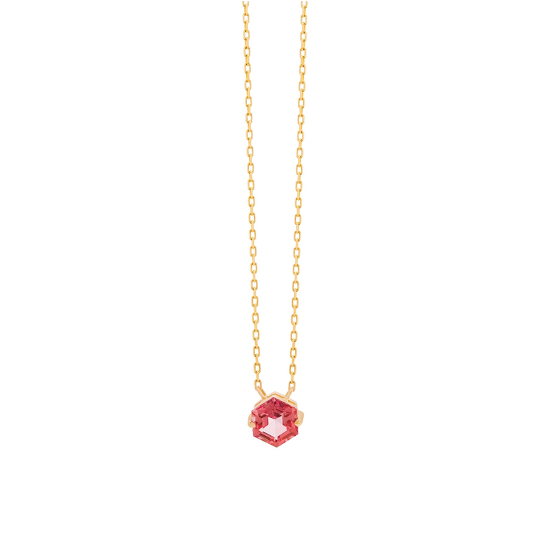 14K PETITE HEXAGON NECKLACE - SALMON TOPAZ