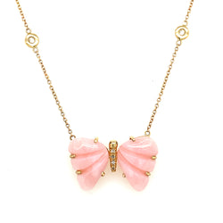 PINK OPAL PAVE CENTER BUTTERFLY 2 DIAMOND NECKLACE