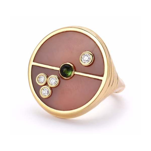 COMPASS RING - PINK OPAL WITH GREEN TOURMALINE