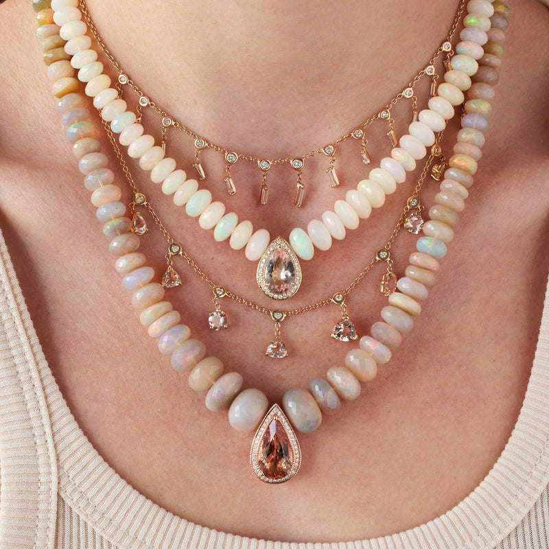 GRADUATED FACETED OPAL BEADED NECKLACE WITH PAVE MORGANITE TEARDROP