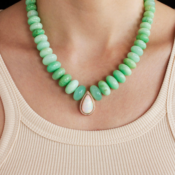 LARGE PAVE DIAMOND OPAL TEARDROP / CHRYSOPRASE BEADED NECKLACE